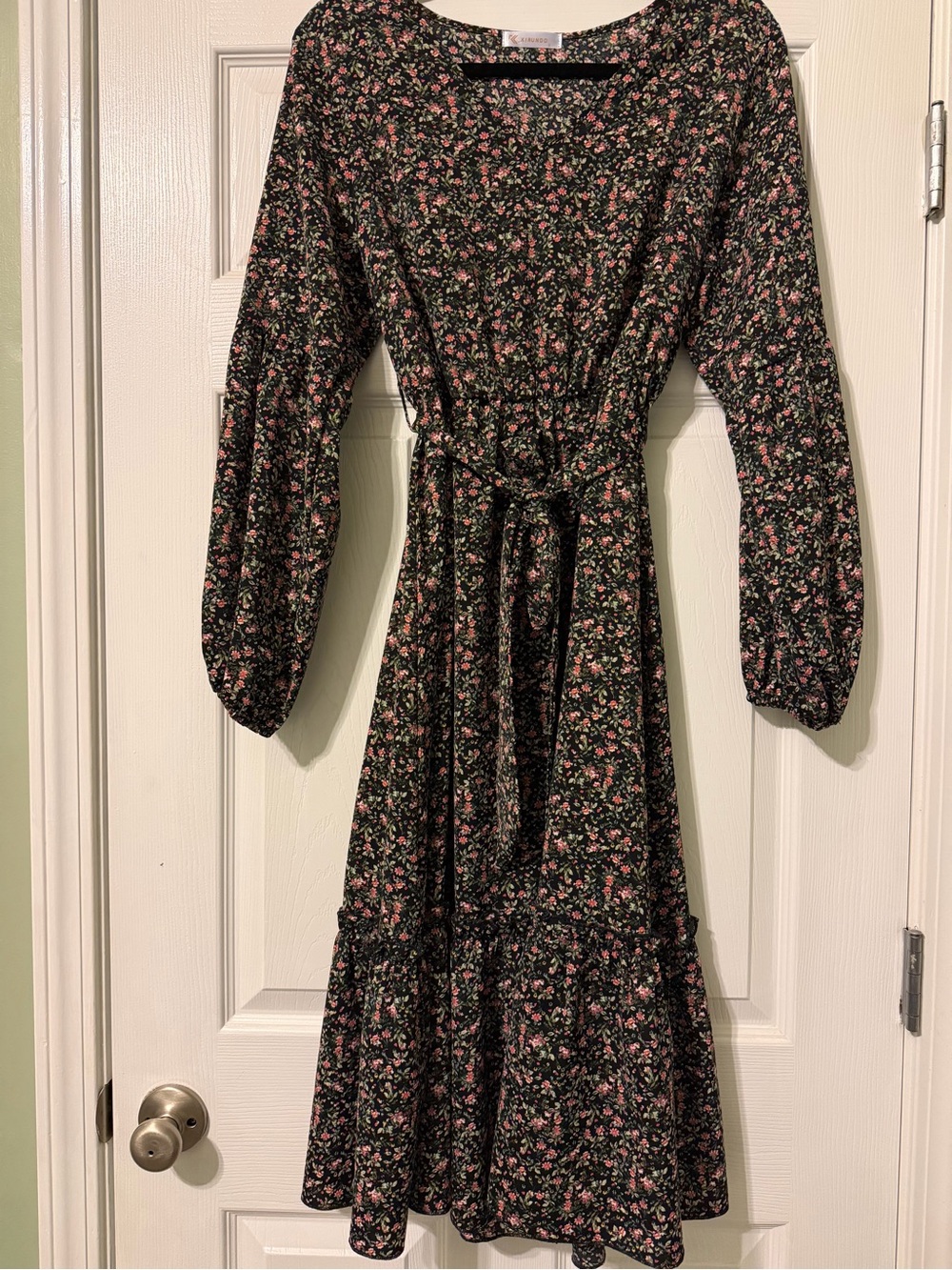 Long Sleeve Floral Midi Dress with Tie Waist